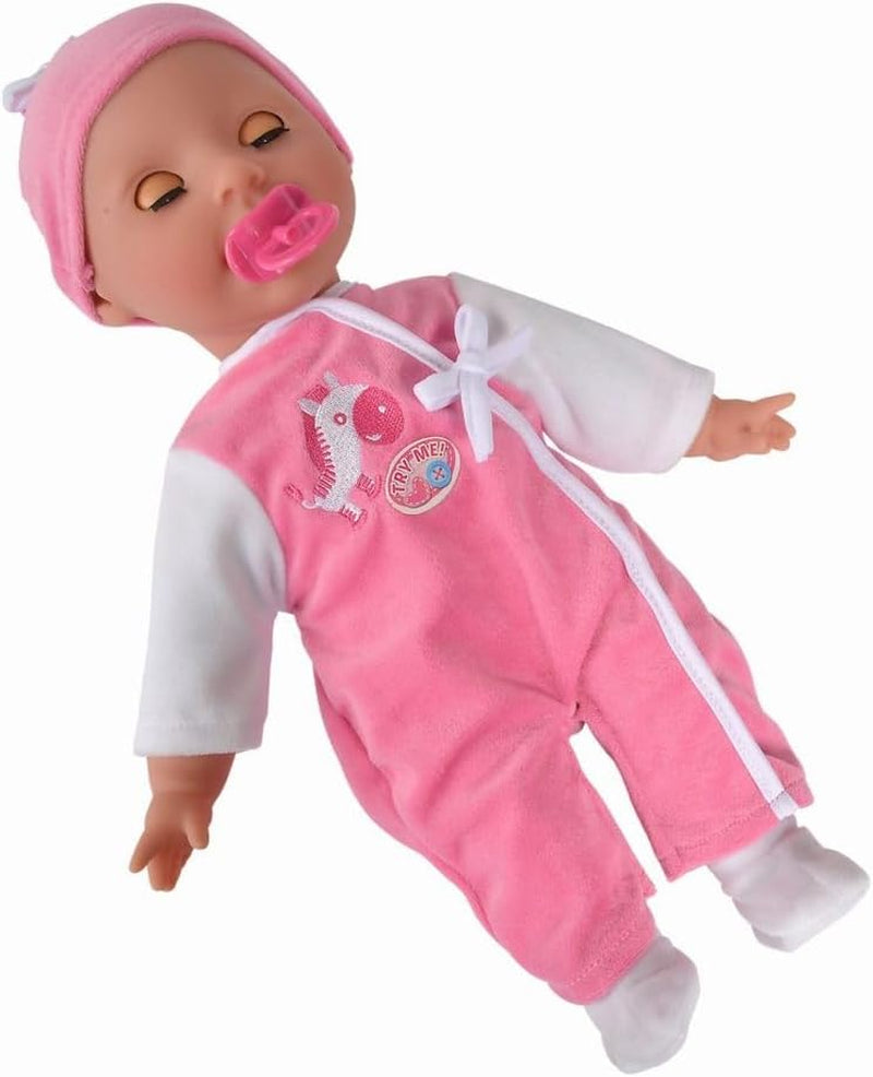 Simba 105140489 - Muñeca Laura Baby Talk, Muñeca de cuerpo suave de 38 cm con ojos soñolientos y mono lindo, 24 sonidos de bebé, Muñeca de juego, Muñeca bebé, Edad 2+