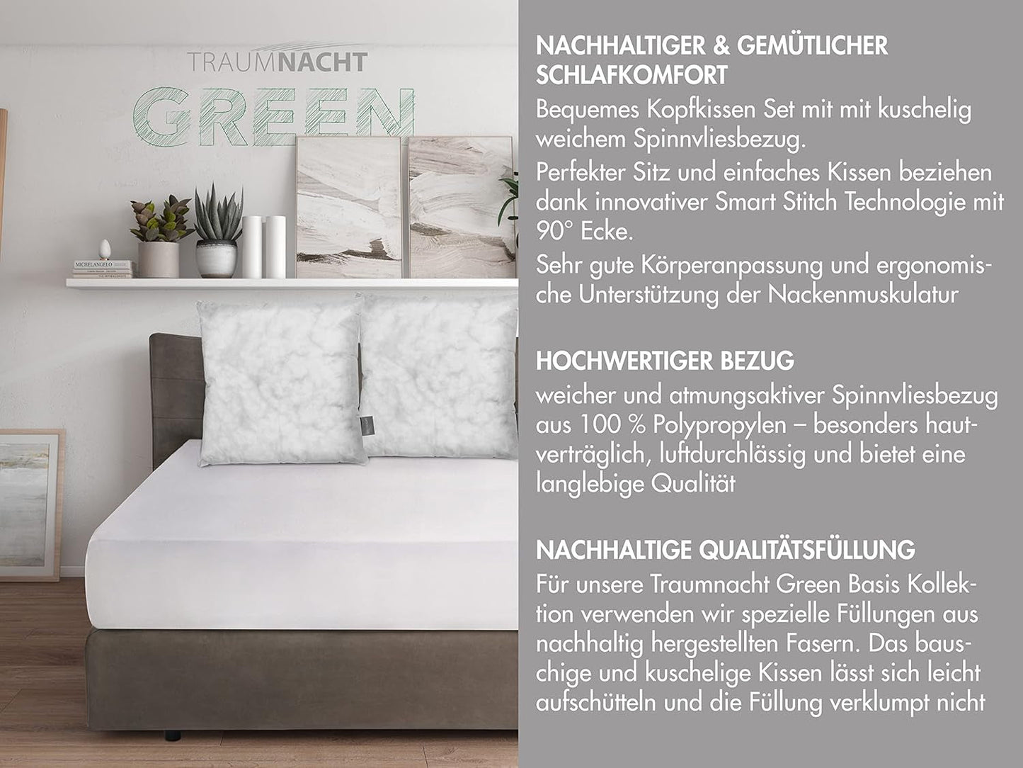 Juego de almohadas básicas Traumnacht Green compuesto por dos almohadas de 80 x 80 cm, certificado Oeko-Tex, producidas según el estándar de calidad alemán Almohadas estándar Naty Shop