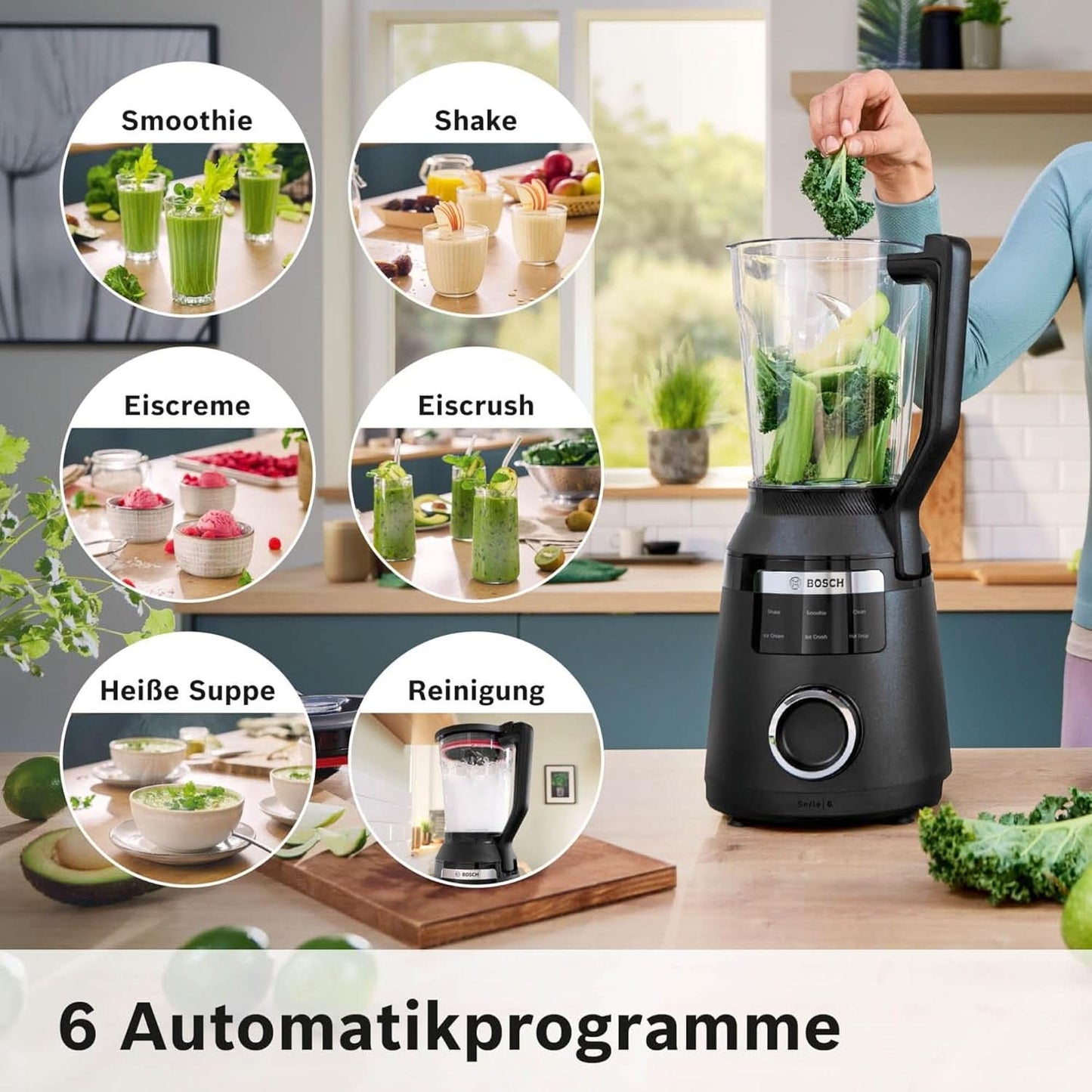 Batidora de pie Vitapower Serie 6 MMBD665B1, 45.000 U/Min, 6 programas Inkl Heiße Suppe & Reinigung, 2 L Mixbehälter, Stopfer, Spülmaschinenfeste Teile, Made in Europe, 1800W, Schwarz Kitchen Naty Shop
