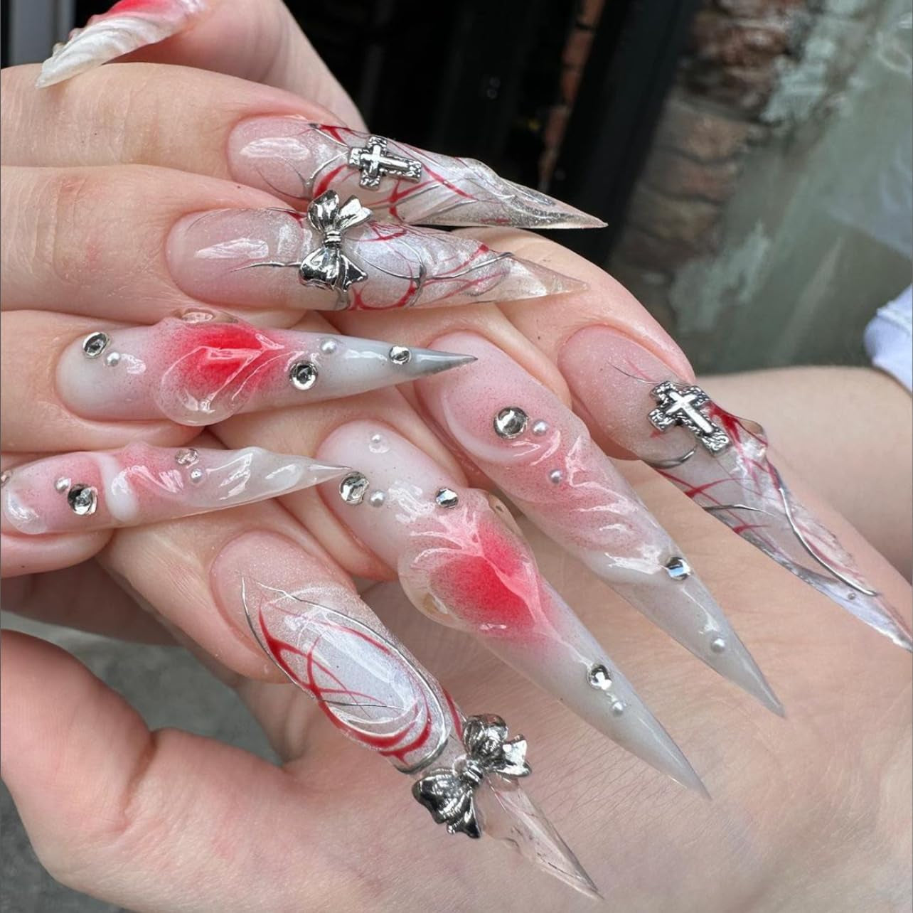 Mouyouglow-uñas largas Stiletto, color blanco lechoso, degradado, purpurina rosa, uñas postizas frescas con pegamento, uñas artificiales con purpurina rosa ombré