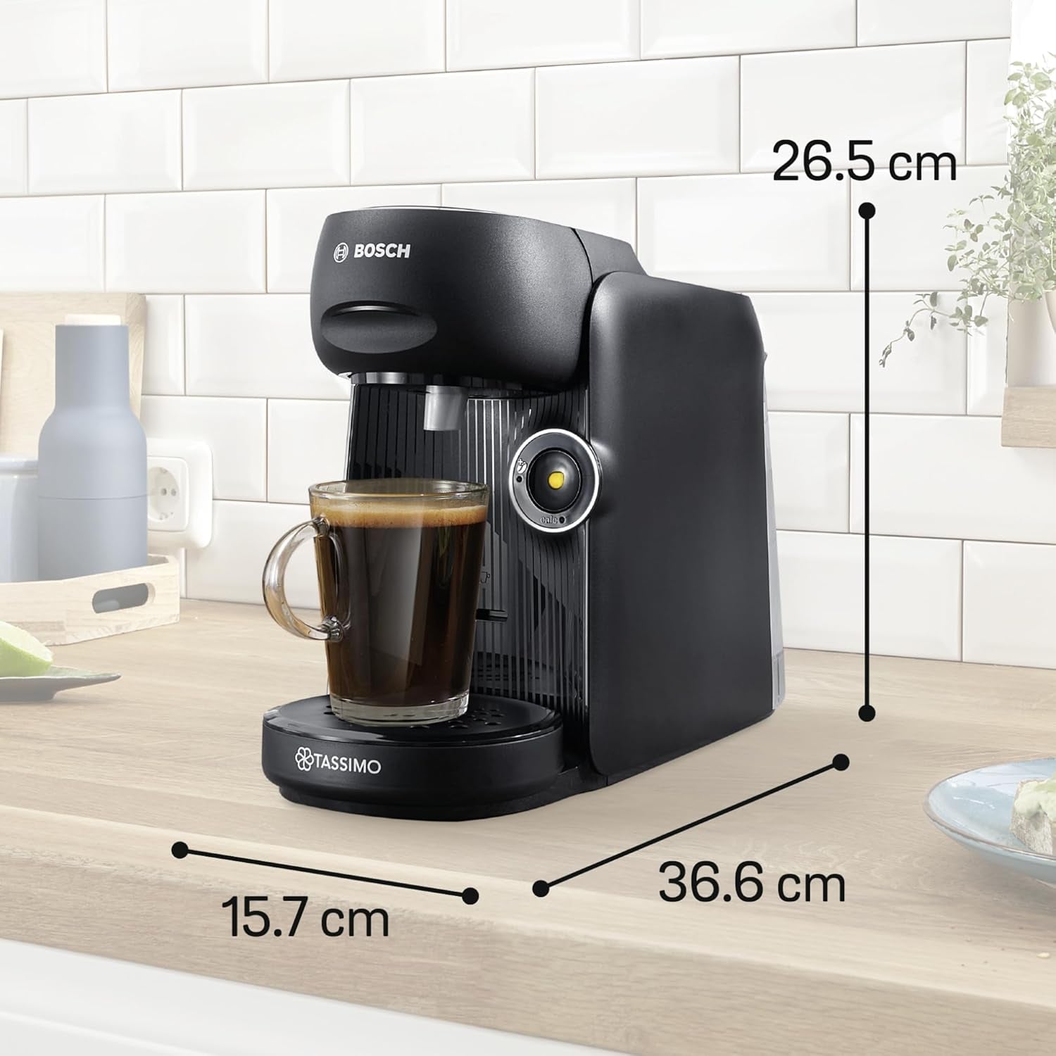 Bosch Tassimo finesse TAS162E Cafetera espresso de cápsulas, 70 bebidas, café más intenso con solo pulsar un botón, apagado automático, sostenible, dosificación perfecta, 1400 W, negro/negro