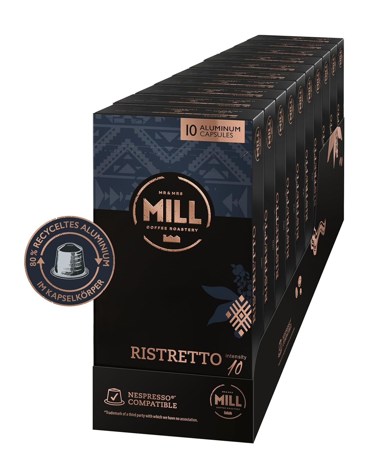 Kaffeekapseln Ristretto, 100 Kapseln für Kapselmaschinen (10x10), 80% aluminio reciclado en Kapselkörper