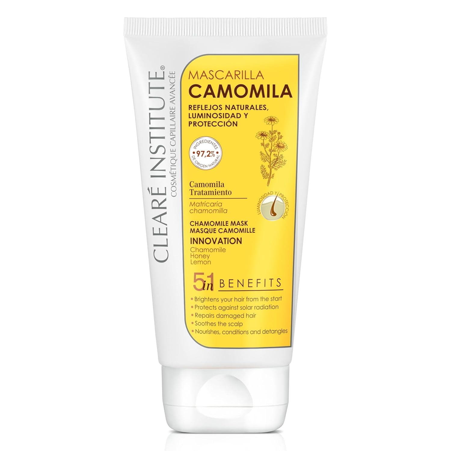 Instituto Clearé | Mascarilla de manzanilla | Nutre, acondiciona y desenreda | Brillo y Brillo Dorado | 97% ingredientes naturales | Calma el cuero cabelludo Con extracto de manzanilla |Mascarilla Capilar Naty Shop 150ml Título predeterminado