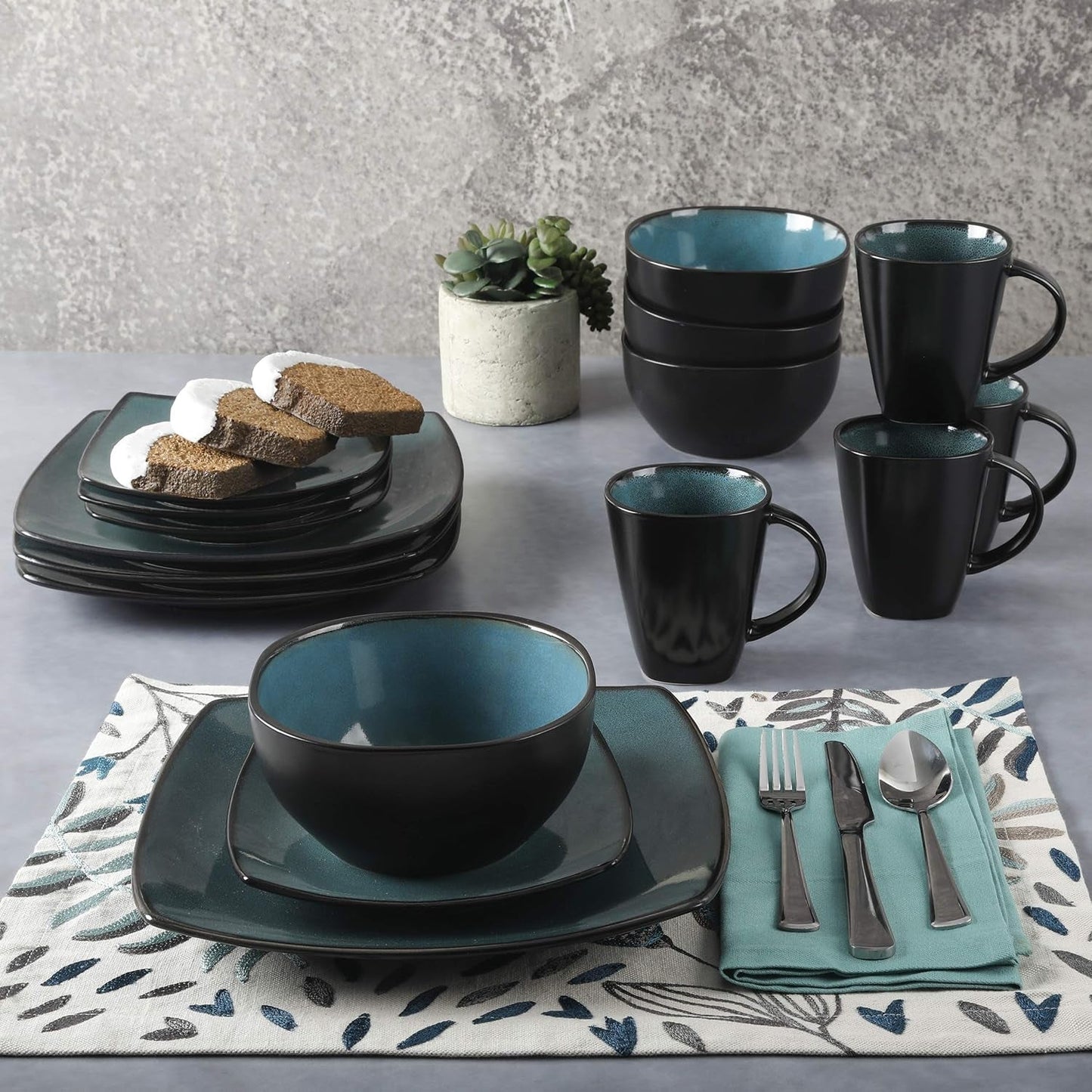 Gibson 99813.16R Elite Soho Lounge Reactive Glaze Vajilla para 4 personas, 16 piezas, efecto bicolor azul-verde/negro