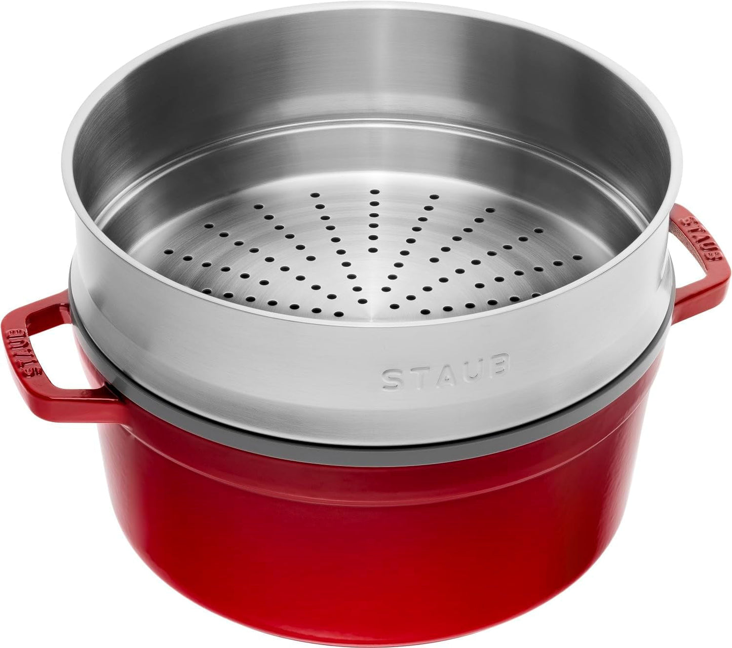 STAUB Gusseisen Bräter/Cocotte, Mit Dämpfeinsatz Aus Edelstahl, Rund 26 Cm, 5,2 L, Aromaregen Funktion Für Optimale Befeuchtung, Für Alle Herdarten Inkl. Induktion & Backofen, Kirschrot, Rot Moldes y bandejas para repostería Naty Shop