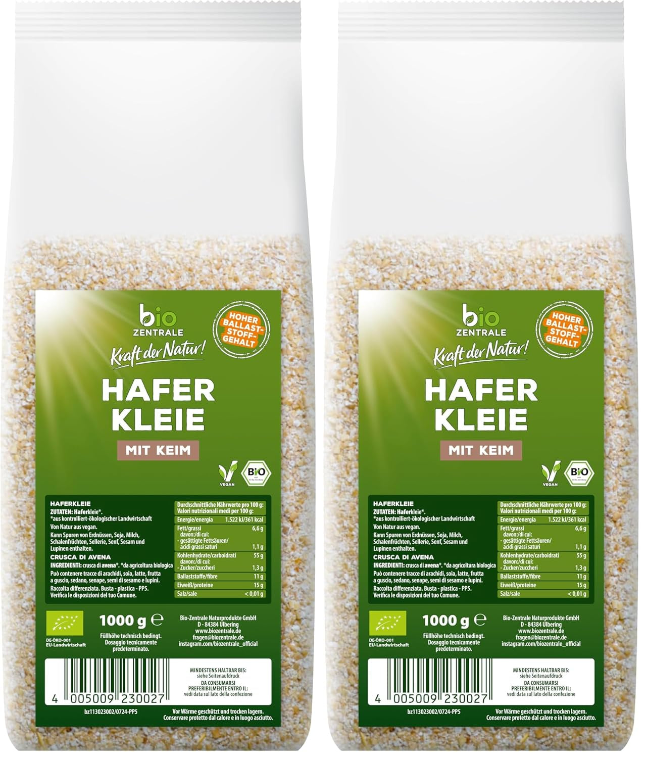 Salvado de avena ecológico Biocentral 1 kg | Paquete ventajoso | Fuente de proteína alta en fibra | Naturalmente vegano | De la agricultura de la UE | Bajo contenido de azúcar