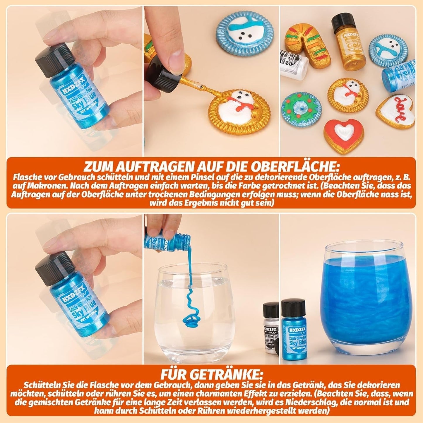 Essbarer Glitzer - 3 Torten Kuchen Deko Essbare, Lebensmittelfarbe Flüssiges metálicos, Purpurina comestible para muffins, cócteles, malvaviscos - 10Ml Naty Shop