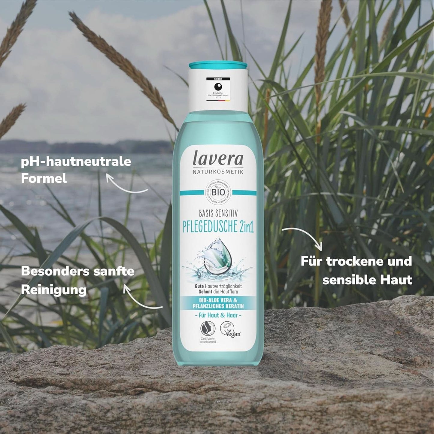 Lavera Care Basis Sensitiv 2 en 1, Champú y gel de ducha con aloe vera ecológico y queratina vegetal, 250 ml Ducha y baño Naty Shop