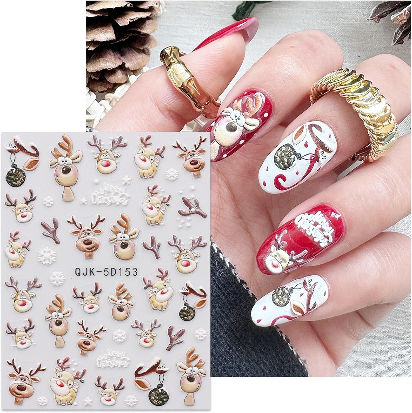 JMEOWIO 3D Nagelsticker Weihnachten Nail Art Sticker Selbstklebend Nagelaufkleber 5D Stereoskopisch Schneeflocke Christmas Winterurlaub Niedlich Dekoration Nageldesign Zubehör 4 Blatt