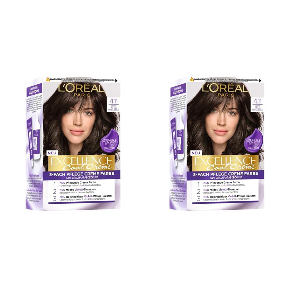 L'Oréal Paris Tinte permanente para el cabello con resultado de color, cobertura 100% de las canas, set con colorante, champú y crema de cuidado, Excellence Cool Creme, núm. 4.11 Ultra Cool Medium Brown (Brown) Naty Shop Tinte para el cabello Título predeterminado