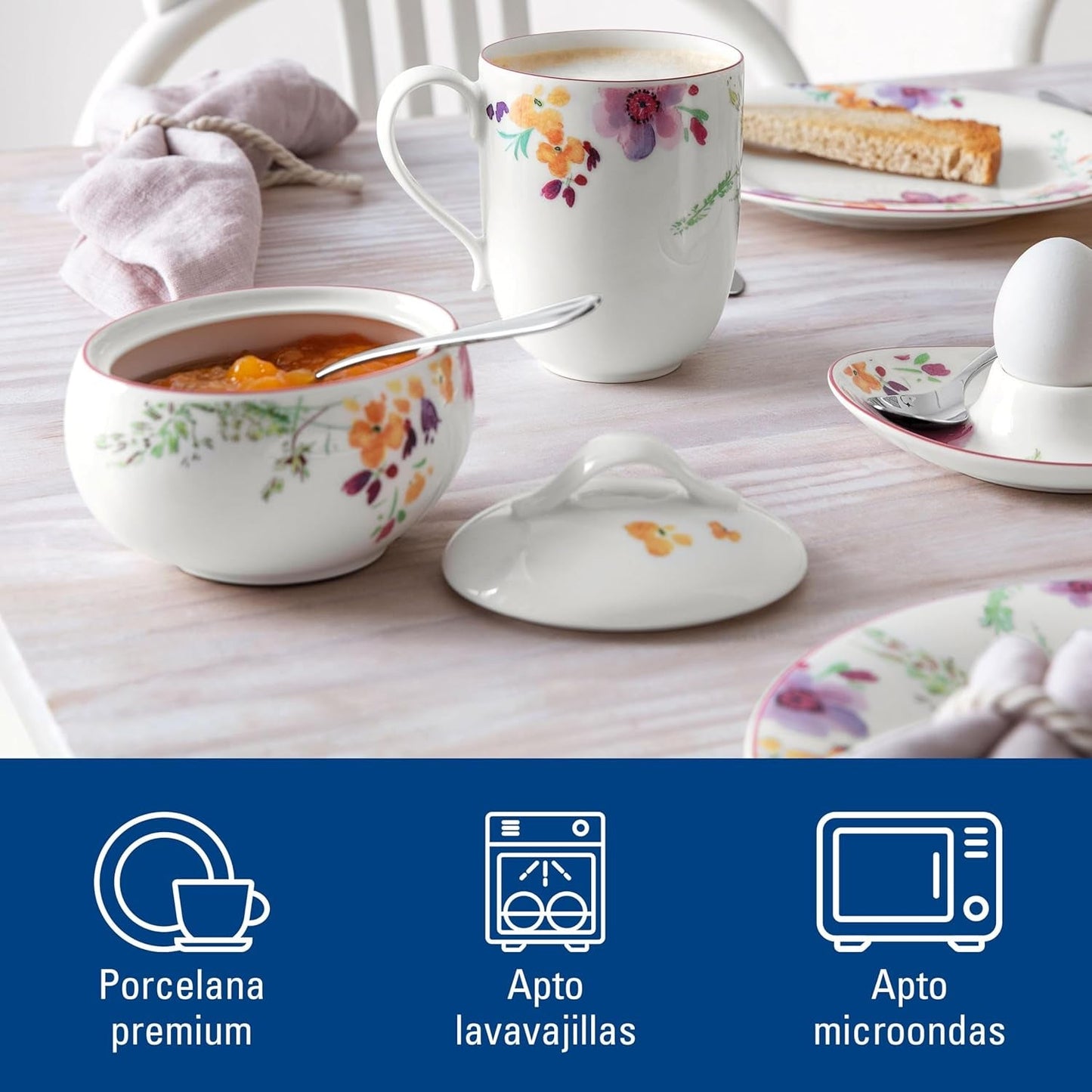Villeroy & Boch - Azucarero Mariefleur, colores surtidos, apto para lavavajillas, microondas, azucarero con tapa, azucarero, contenedor, accesorio para café, vajilla floral, porcelana premium