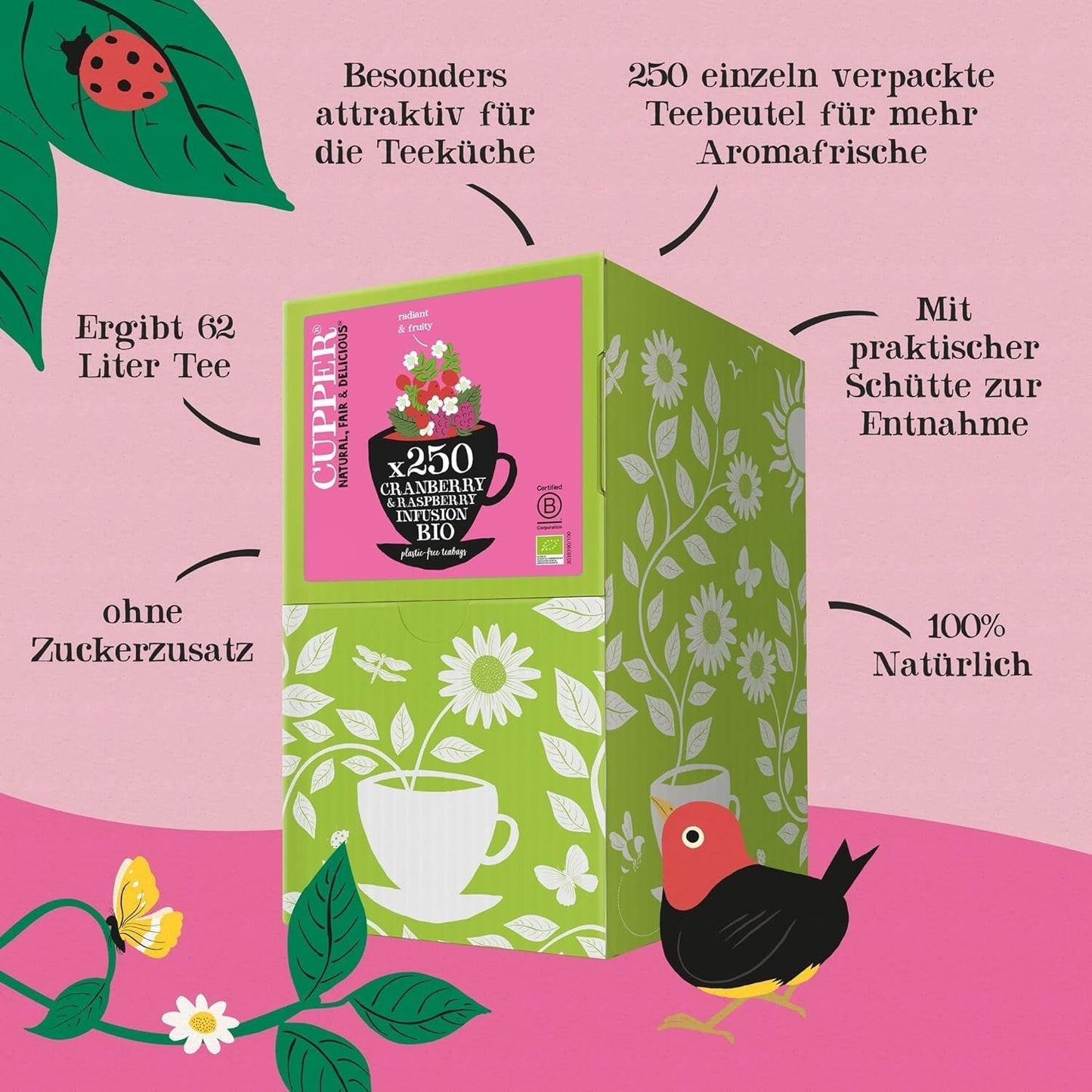 Taza Té de frutas orgánico Arándano Frambuesa | Té de frambuesa | 250 bolsitas de té sin blanquear | Paquete grande | Perfecto para la oficina | Ecológico | Comercio justo