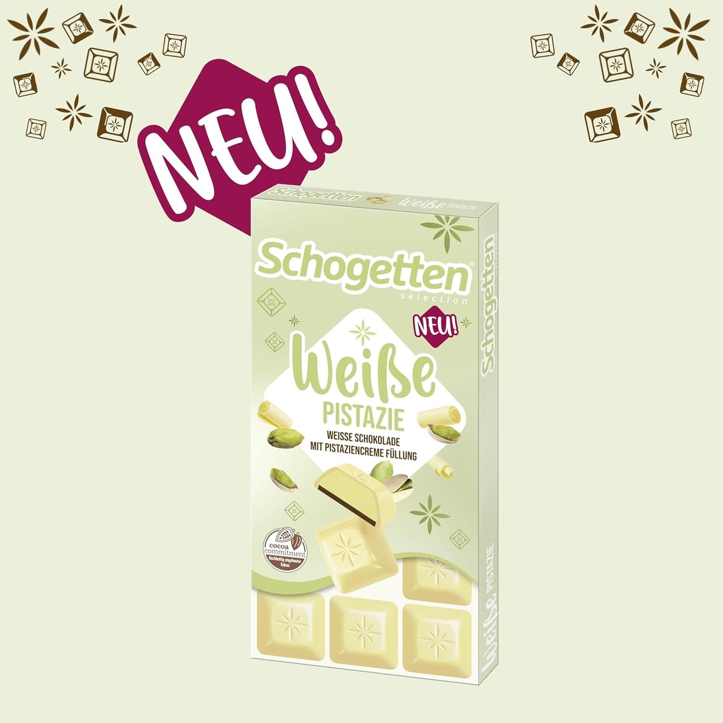 Pistacho blanco Schogetten | Chocolate blanco con relleno de crema de pistacho | 100 gramos | Convenientemente porcionado (paquete de 3)