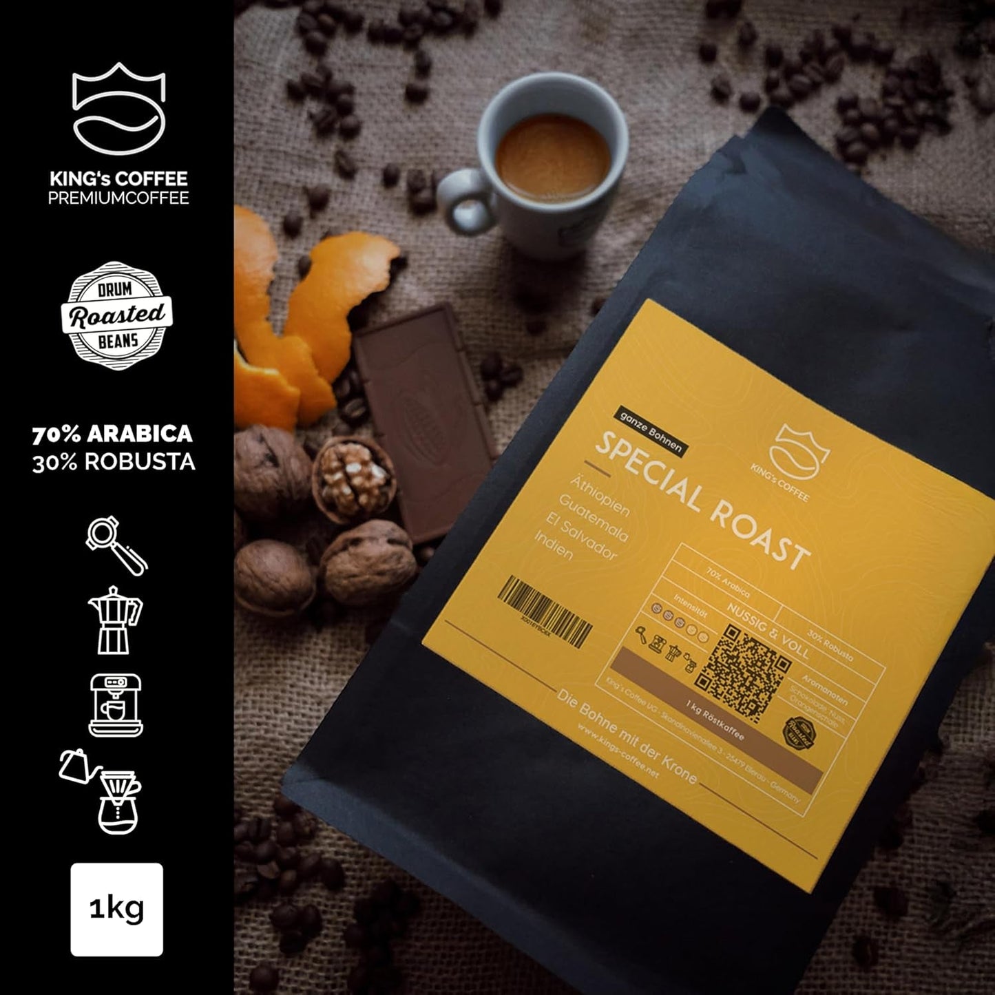 KING'S COFFEE - TOSTADO ESPECIAL - 1 kg de granos de espresso Barista Premium - Café de baja acidez - Tostado en pequeños lotes en Italia - La mejor mezcla de Arábica y Robusta para máquinas totalmente automáticas y con portafiltro