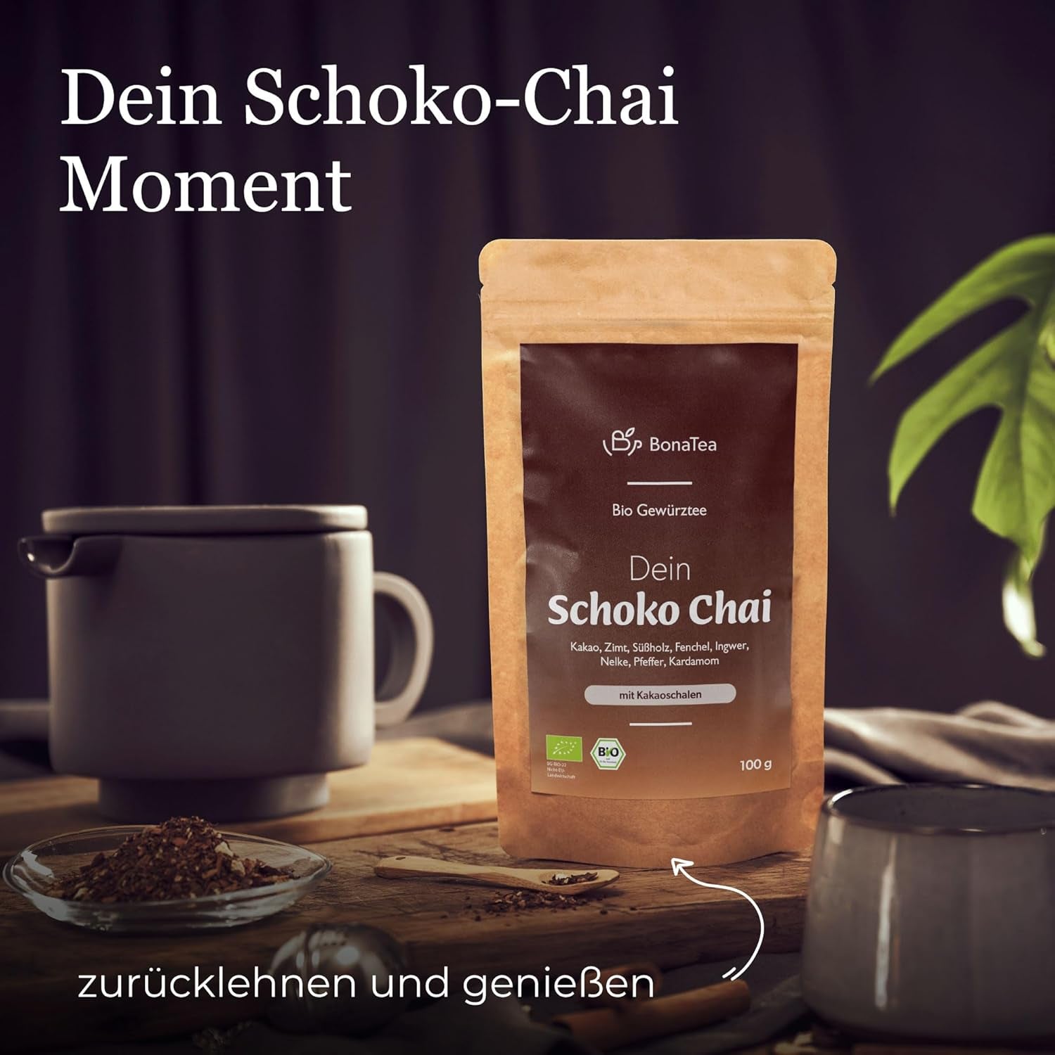 Té especiado BIO Schoko Chai sin azúcar, con vainas de cacao, canela, regaliz y otras especias aromáticas Chai, 100 g