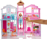 Barbie Dream House, casa adosada de 3 pisos y 5 habitaciones, incluye accesorios como muebles, plegable y de almacenamiento, juguete para edades de 3 años en adelante, DLY32