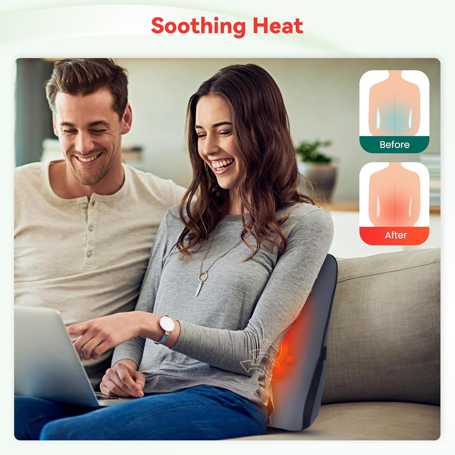 Snailax Almohada Ergonómica de Apoyo Lumbar con Masaje y Calor, Almohada de Espalda Shiatsu de Espuma Viscoelástica, Cojín de Asiento con 3 Intensidades de Masaje | 2 niveles de calor | 3 temporizadores | postura sentada cómoda