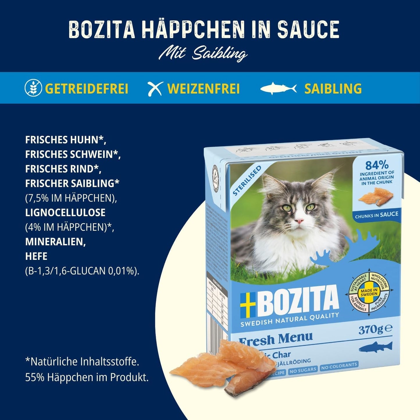 Bozita Tetra Trozos esterilizados en salsa de carbón - 6 x 370 g Comida húmeda para gatos sin cereales y sin azúcar - sin OGM, con 8,5% de proteínas y 4,5% de grasas - alta calidad y muy sabroso