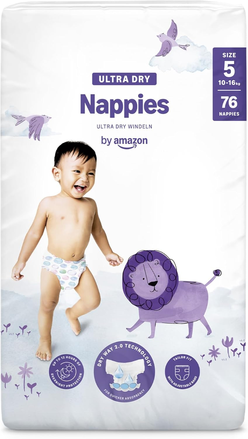 Pañales Amazon Ultra Dry, tamaño 1 (2-5 kg) - Caja mensual, blanco, 96 unidades (2 paquetes de 48) (anteriormente marca Mama Bear, producto idéntico)