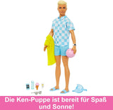 Barbie Ken - Muñeca rubia con camisa azul y delantal de baño, accesorios de playa y pelota de playa para juegos creativos, a partir de 3 años, HPL74
