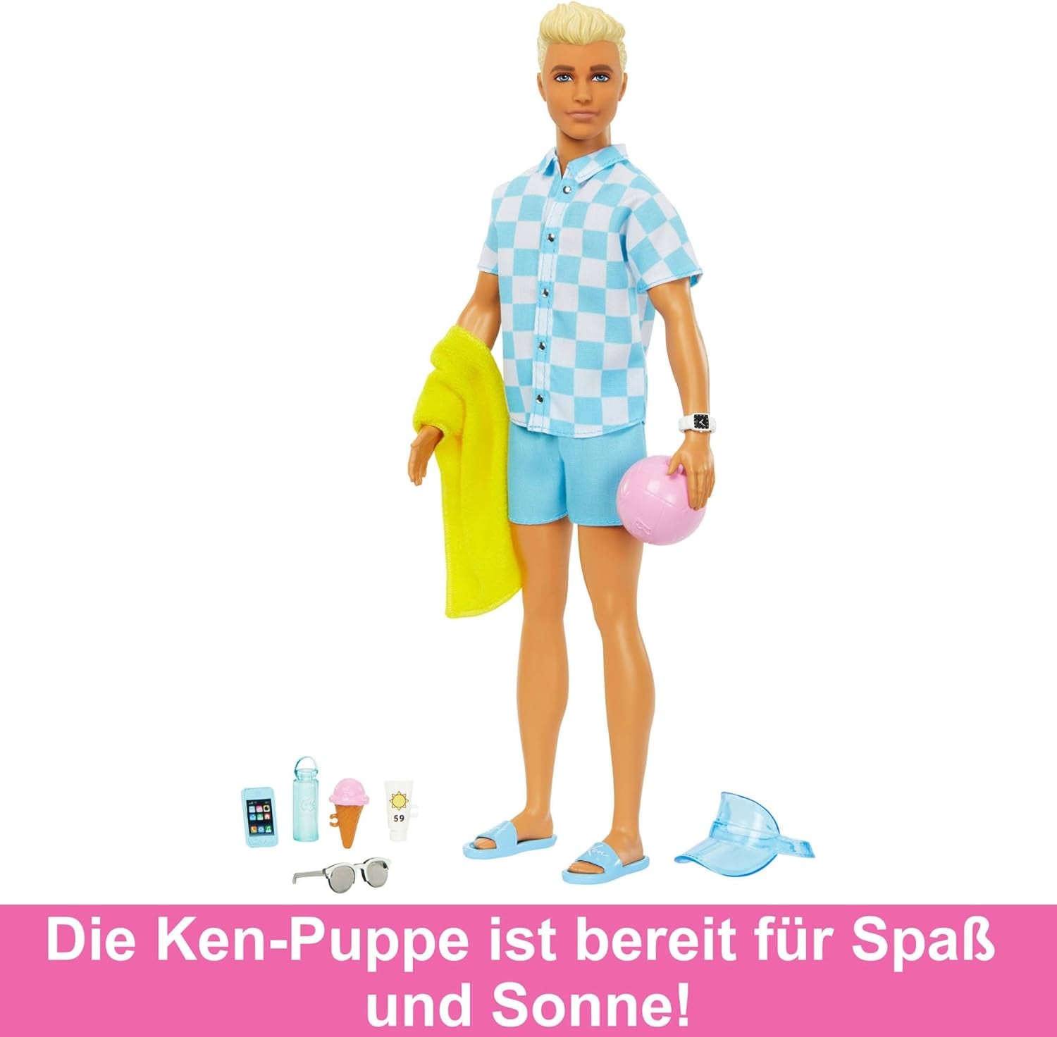Barbie Ken - Muñeca rubia con camisa azul y delantal de baño, accesorios de playa y pelota de playa para juegos creativos, a partir de 3 años, HPL74
