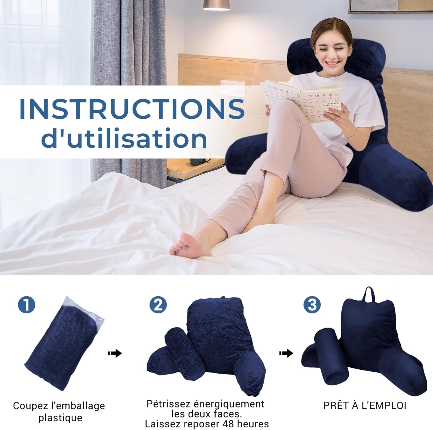INFANZIA Almohada de lectura con reposabrazos, viscoelástica, soporte ergonómico para sofá y cama, azul marino