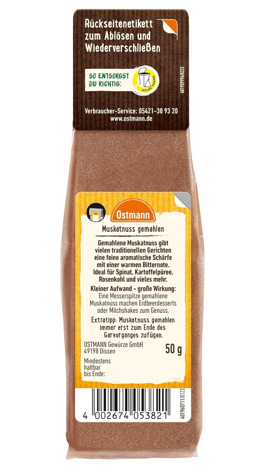 Ostmann Gewürze - Muskatnuss gemahlen | Ideal para añadir sabor a platos con patatas Zum Nachfüllen der Streudose | Bolsa resellable de 50 g