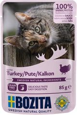 Bozita Bolsa Comida Húmeda con Trozos en Salsa y Pavo - 12 Sobres Porcionados x 85g Comida para Gatos Sin Cereales ni Trigo - Comida Húmeda para Gatos Adultos con 8,5% Proteínas y 4,5% Grasas