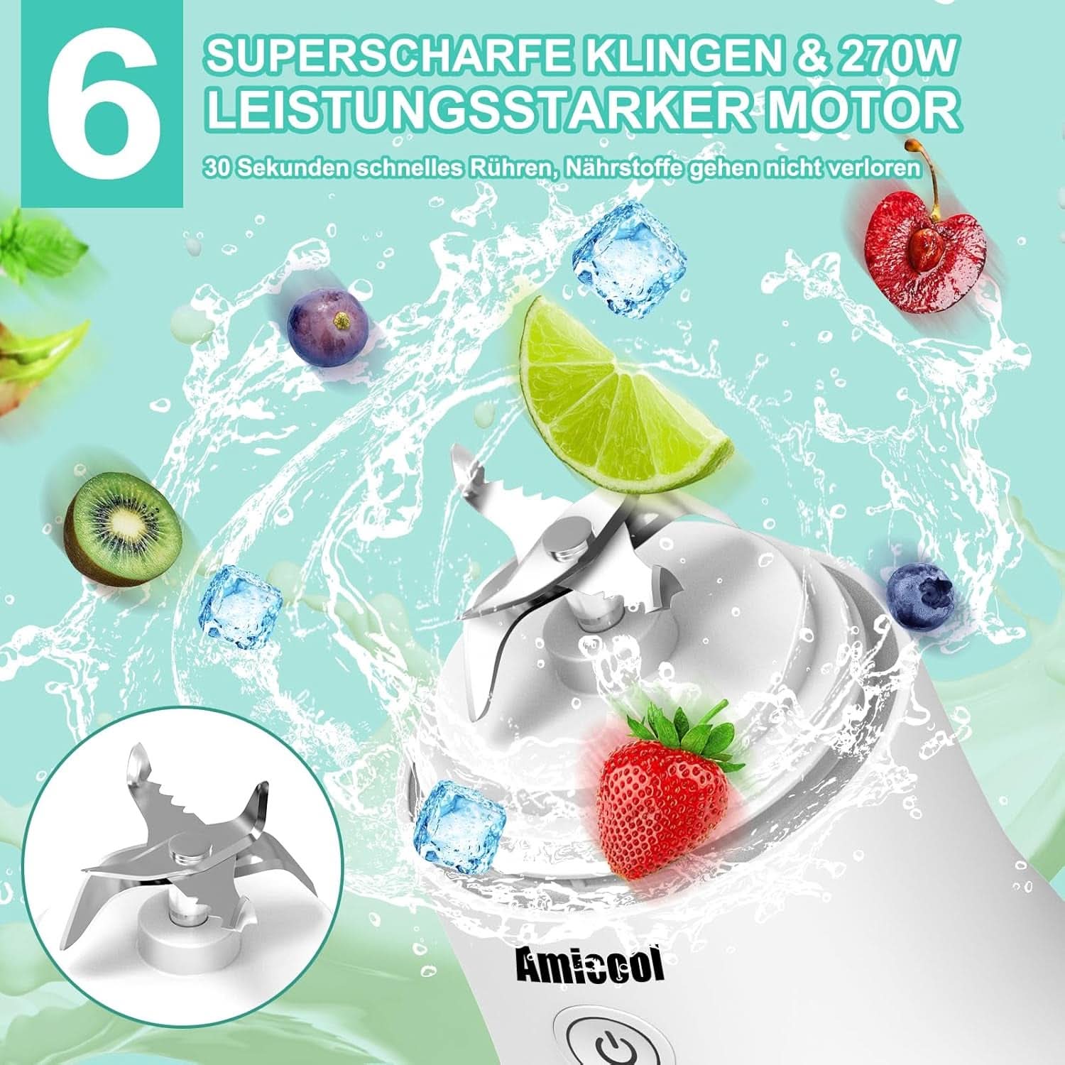 Batidora Smoothie Maker to Go, Mini Standmixer Tragbar Mit 6-Klingen Edelstahl, Enstafter Mit Reisedeckel, Batidora Portátil USB Elektrisch Botella 600Ml, Batidora Shaker Slushy Maker Wasserdichter Bucatarie Naty Shop