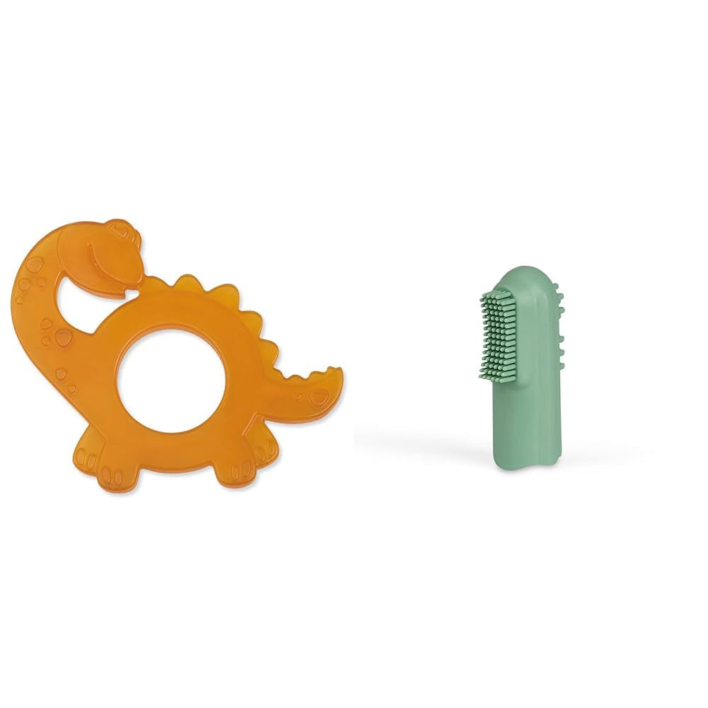 Anillo de dentición para bebés de caucho natural orgánico Goma de masaje Suave sin BPA Promueve el diseño de dinosaurio motor fino (639-V1) Cepillo de dientes de caucho natural para dedos