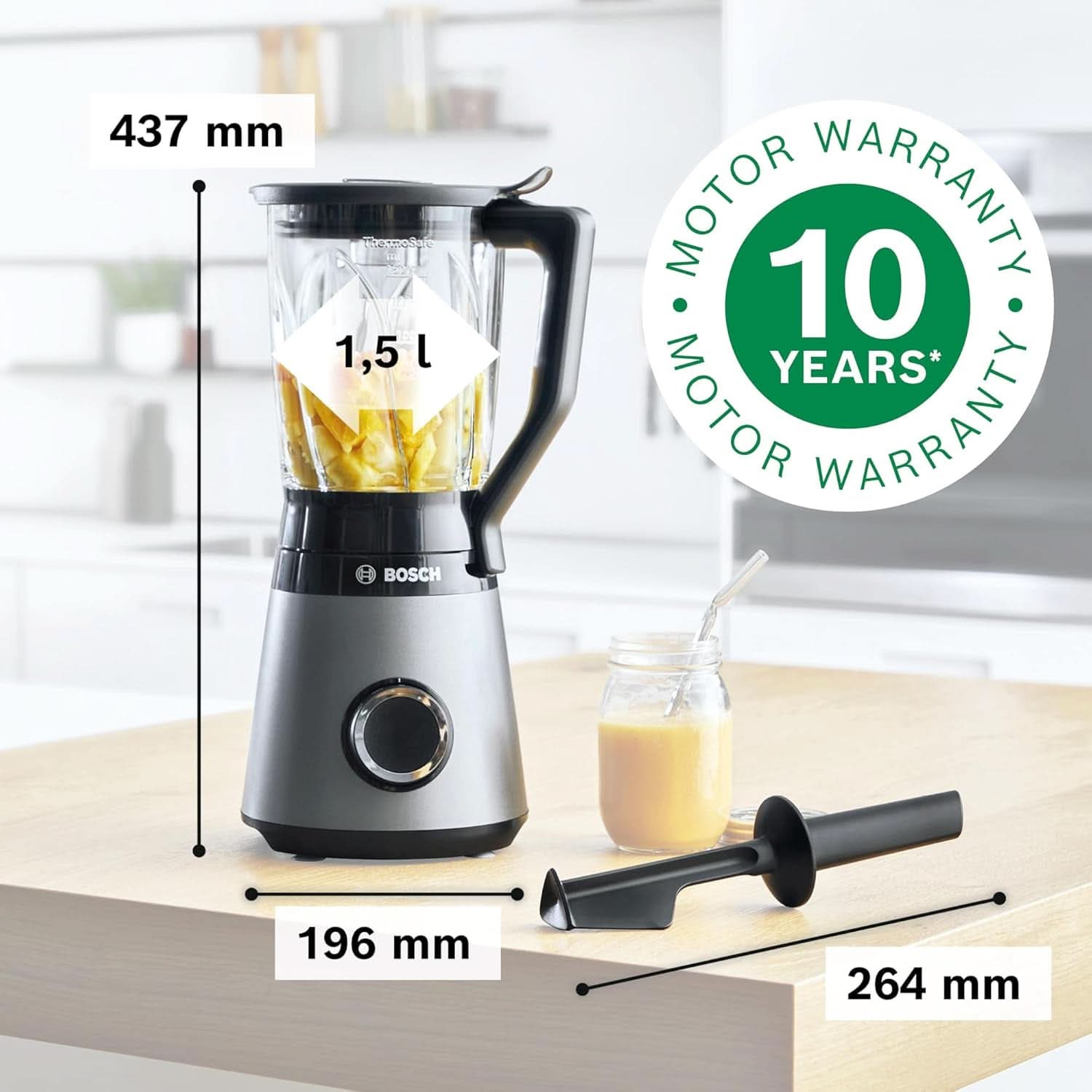 Bosch Batidora de pie Vitapower Serie 4 MMB6172SN, Verbesserte Version, 10 Jahre Motorgarantie, Edelstahl-Klingen, 1.5L Glassbehälter, Spülmaschinenfeste Teile, 30.000 U/Min, 1200 W, Silver Kitchen Naty Shop