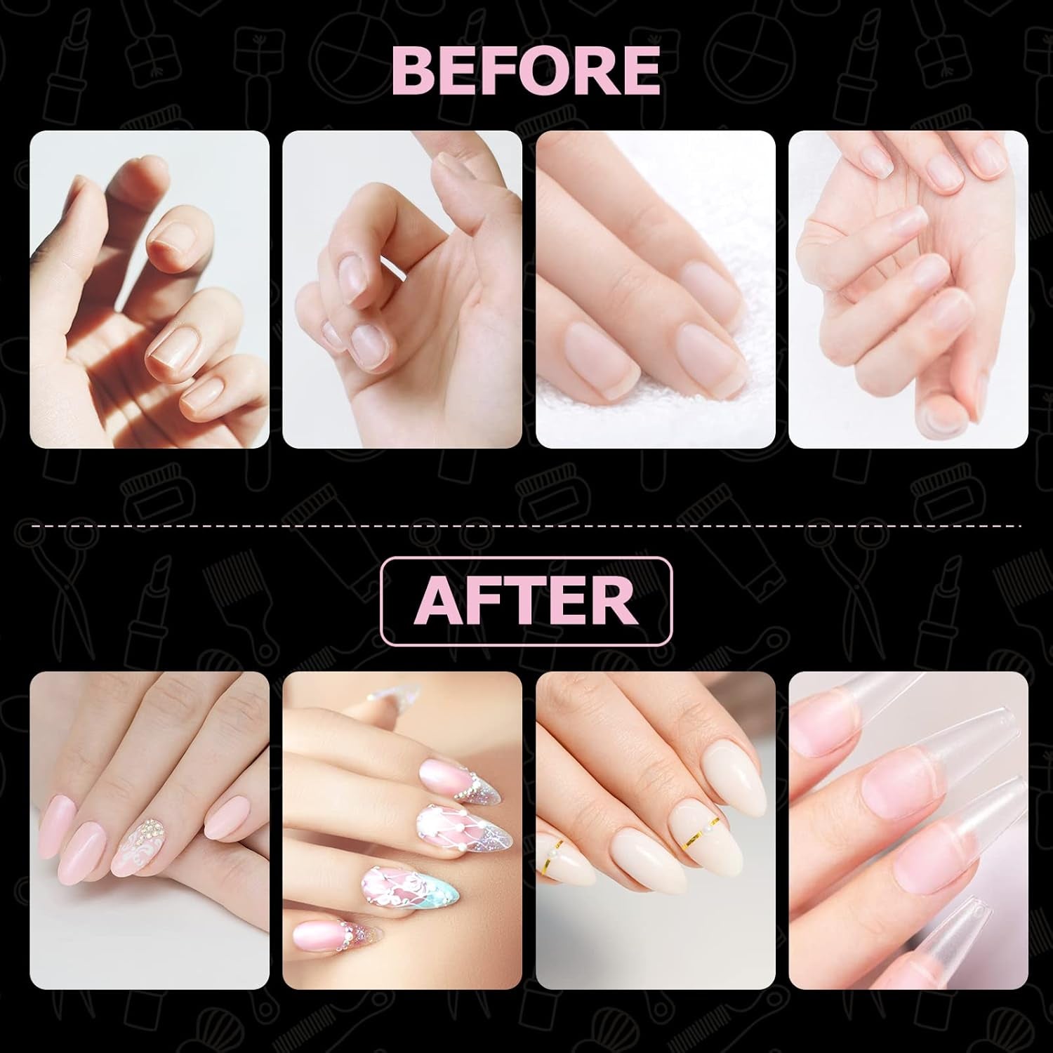 Tipos de uñas, 500 puntas de uñas postizas acrílicas artificiales con caja de almacenamiento para salones de uñas y arte de uñas en casa, 10 tamaños