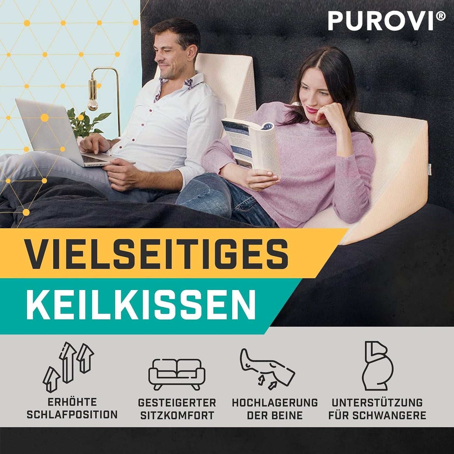 Almohada de cuña para cama y sofá - Ideal como almohada de lectura, para la espalda en la cama o para elevar las piernas - Espuma dimensionalmente estable - Funda lavable