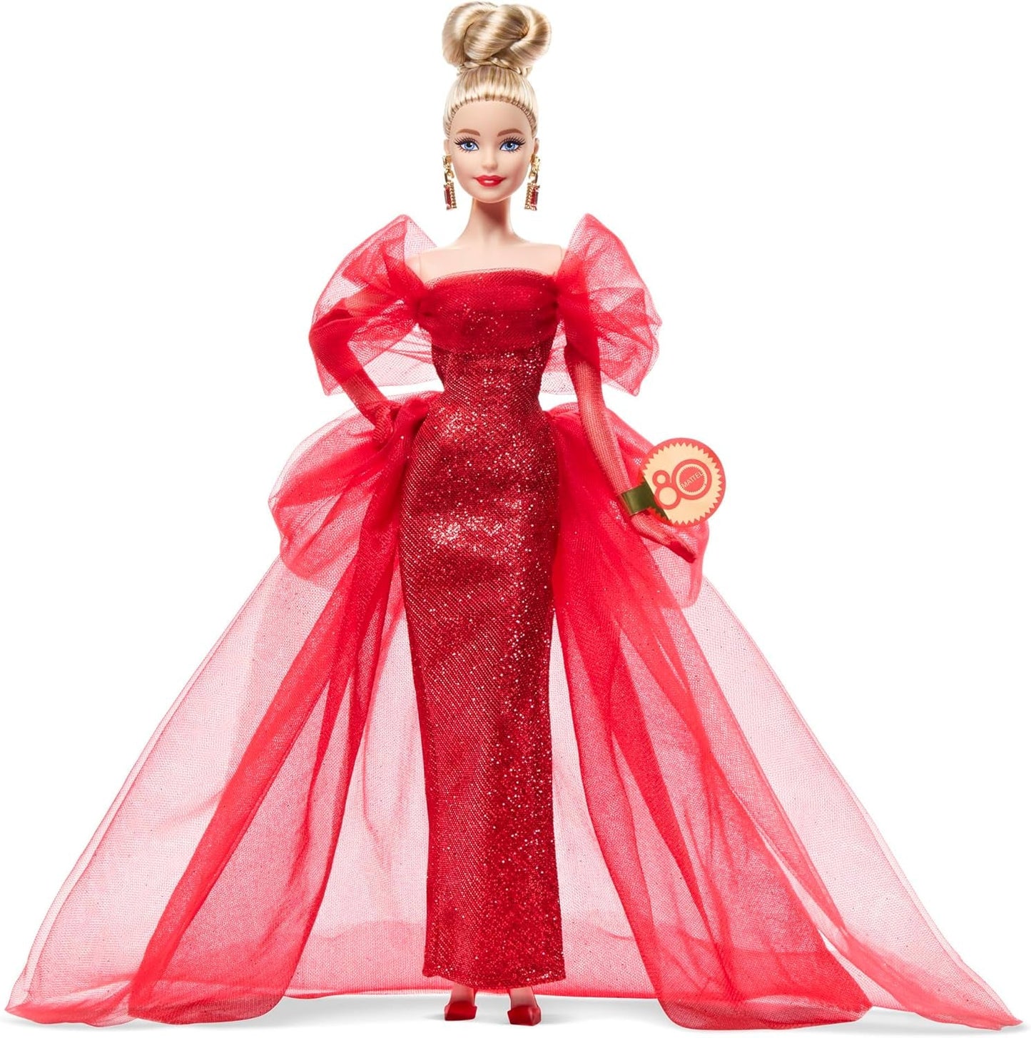 Barbie Signature Doll Figura coleccionable Mattel del 80 aniversario con vestido de tul rojo brillante con aretes de lágrima y guantes delicados Cabello rubio JBJ17