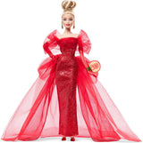 Barbie Signature Doll Figura coleccionable Mattel del 80 aniversario con vestido de tul rojo brillante con aretes de lágrima y guantes delicados Cabello rubio JBJ17