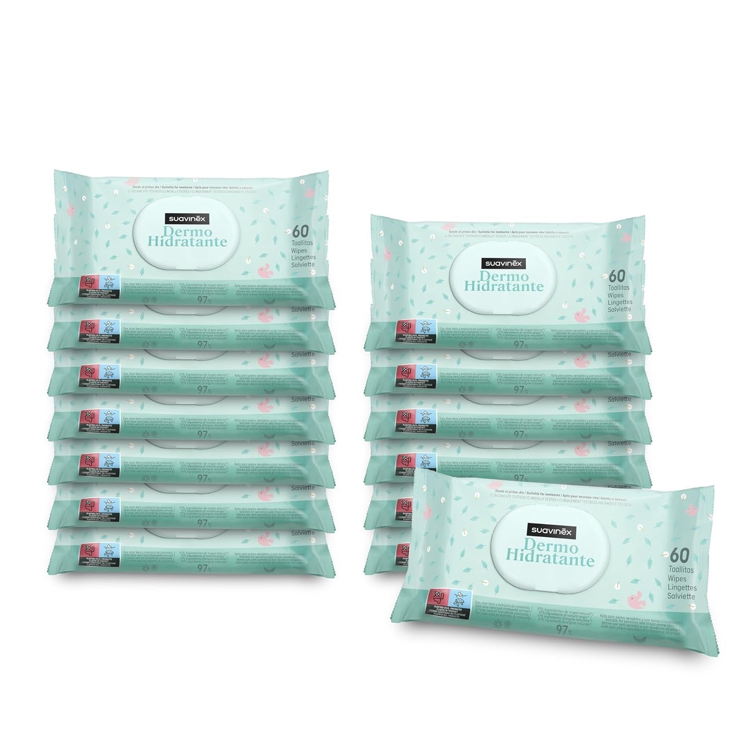 Suavinex 14 Pack de 60 Toallitas Húmedas para Bebé (840 Toallitas en Total), Hidratantes, Aptas para Pieles Atópicas, 95% Ingredientes Naturales