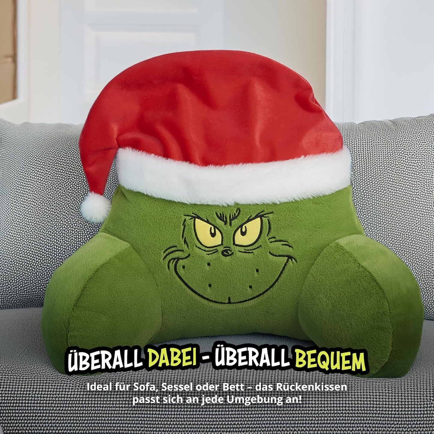 Grinch Pillow - Almohada de Lectura para Cama y sofá, Respaldo con reposabrazos, Almohada de Lectura para Espalda, Cuello y Cabeza, Verde, 40 x 38 cm