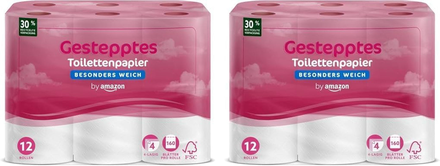 By Amazon Papel higiénico, acolchado de 4 capas, extra suave, 48 rollos (12 rollos, paquete de 4), 160 hojas por rollo, certificado Fsc