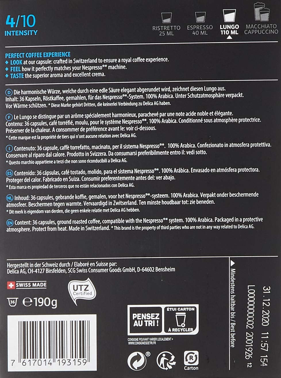 Café Royal con sabor a chocolate negro 100 cápsulas para cafetera Nespresso - intensidad 4/10 - certificado UTZ, con aluminio y Lungo 36 cápsulas para cafetera Nespresso - intensidad 4/10