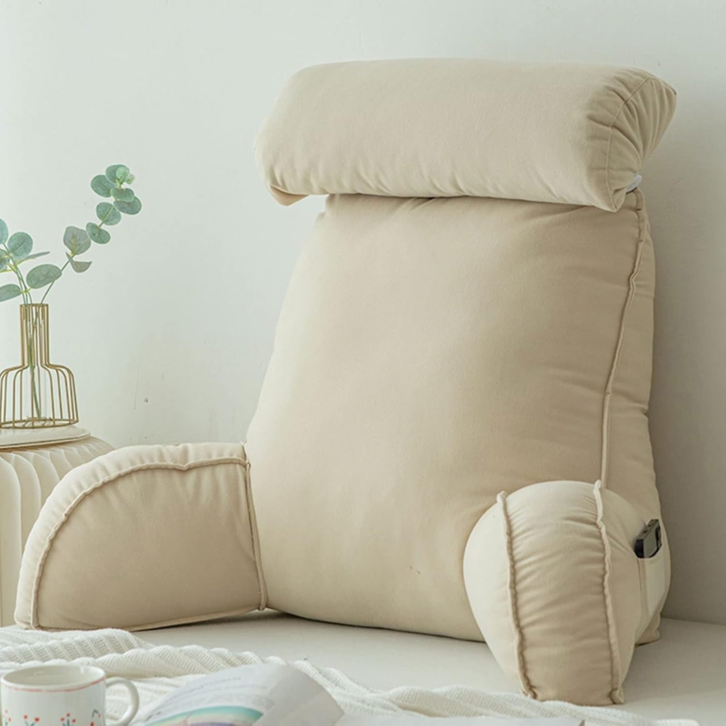 Almohada de lectura con reposabrazos, cojín para respaldo de sofá, cojín para libros para cama, con rollo para el cuello desmontable, cojín de apoyo para silla para relajarse, jugar, leer, mirar televisión, color champán