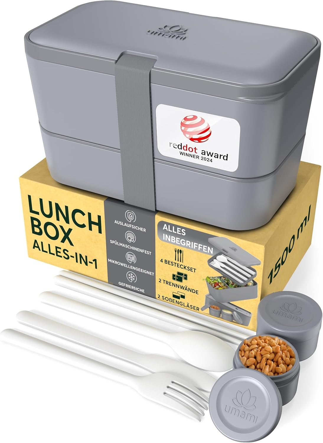Umami Fiambrera para Adultos, Fiambrera Bento con 4 Cubiertos y Compartimentos Precintables, Fiambrera para Adultos, Ensaladera para Llevar, Fiambrera para Picnic/Oficina, Gris Antracita, 1500ml Naty Shop Fiambreras para Alimentos Gris Antracita L - 1500ml Apilables Una Dentro De Otra