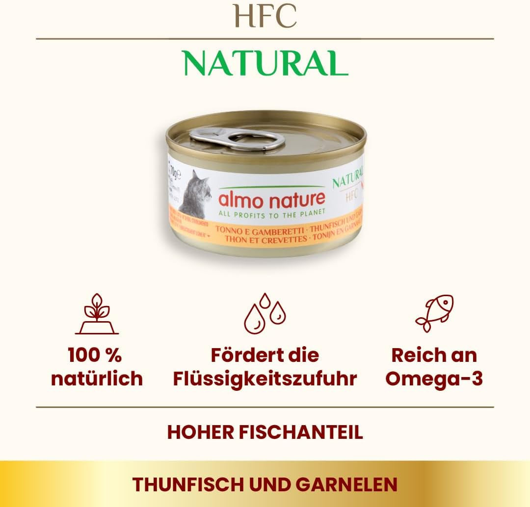 Almo Nature HFC Comida húmeda natural para gatos - Atún y camarones, paquete de 24 (24 x 70 g)