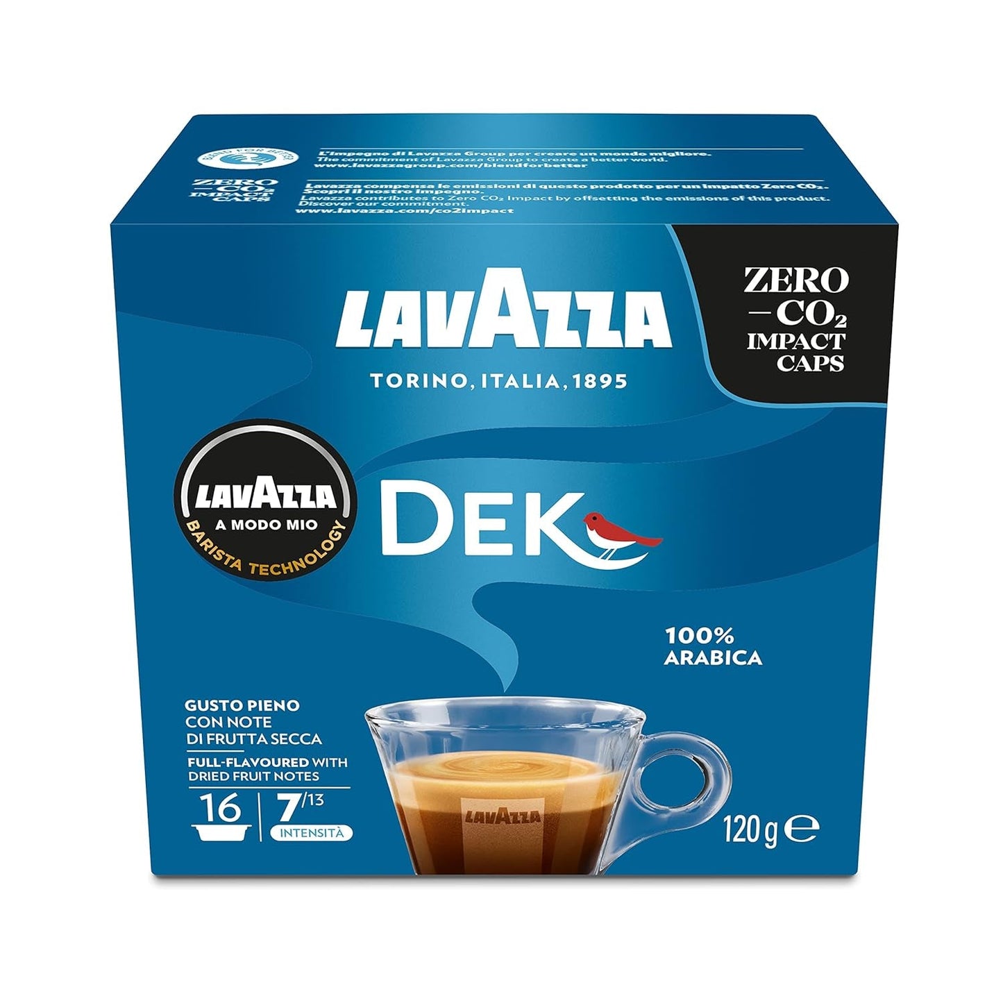 Lavazza A Modo Mio Dek Cremoso, 256 cápsulas de café, para espresso descafeinado con notas aromáticas de almendras y canditis, 100% Arábica, intensidad 7/13, tueste medio, 16 paquetes