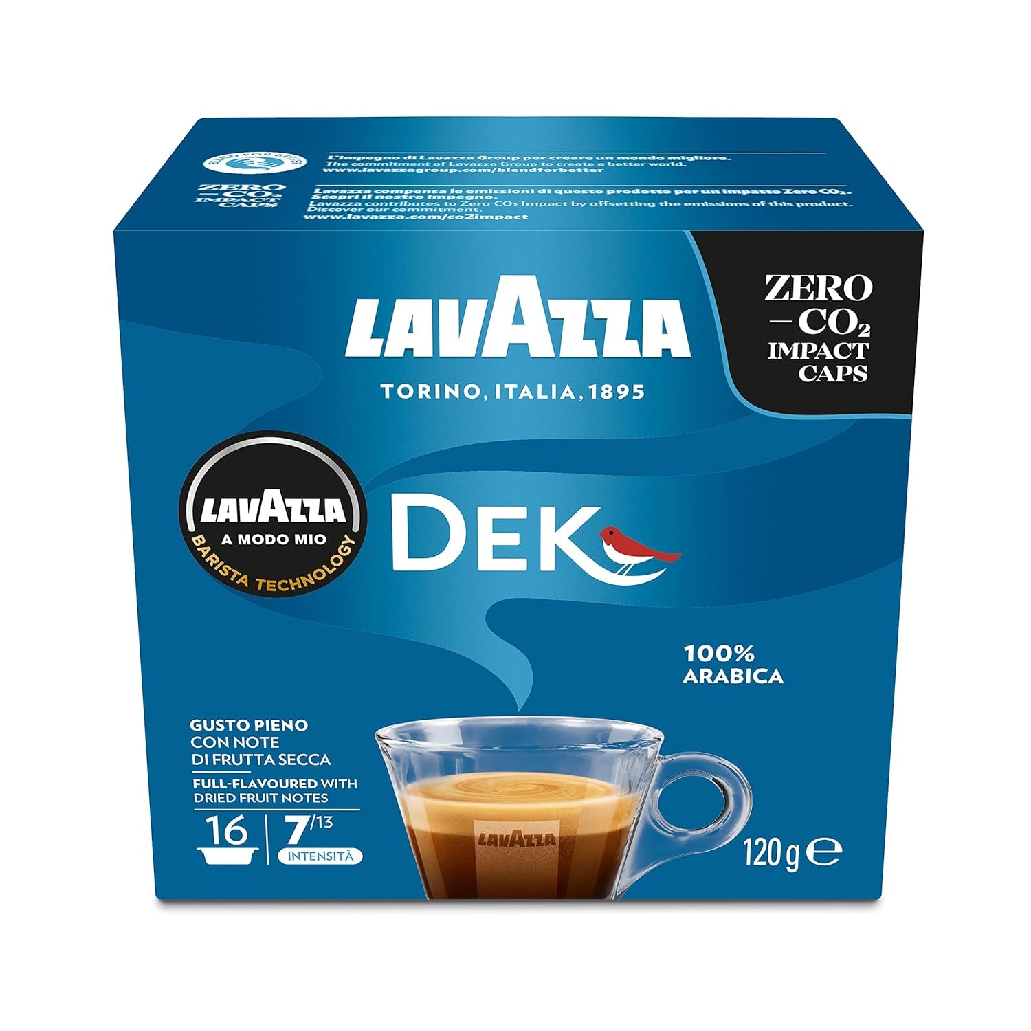 Lavazza A Modo Mio Dek Cremoso, 256 cápsulas de café, para espresso descafeinado con notas aromáticas de almendras y canditis, 100% Arábica, intensidad 7/13, tueste medio, 16 paquetes