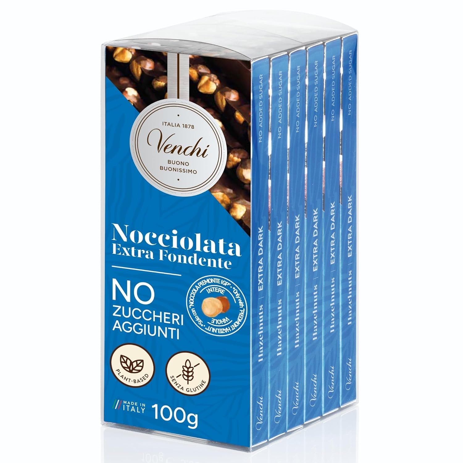 Venchi - Pack de 6 tabletas de chocolate negro con avellanas, 600g - Sin azúcares añadidos - Sin edulcorantes artificiales - Sin gluten - Vegano - Idea de regalo
