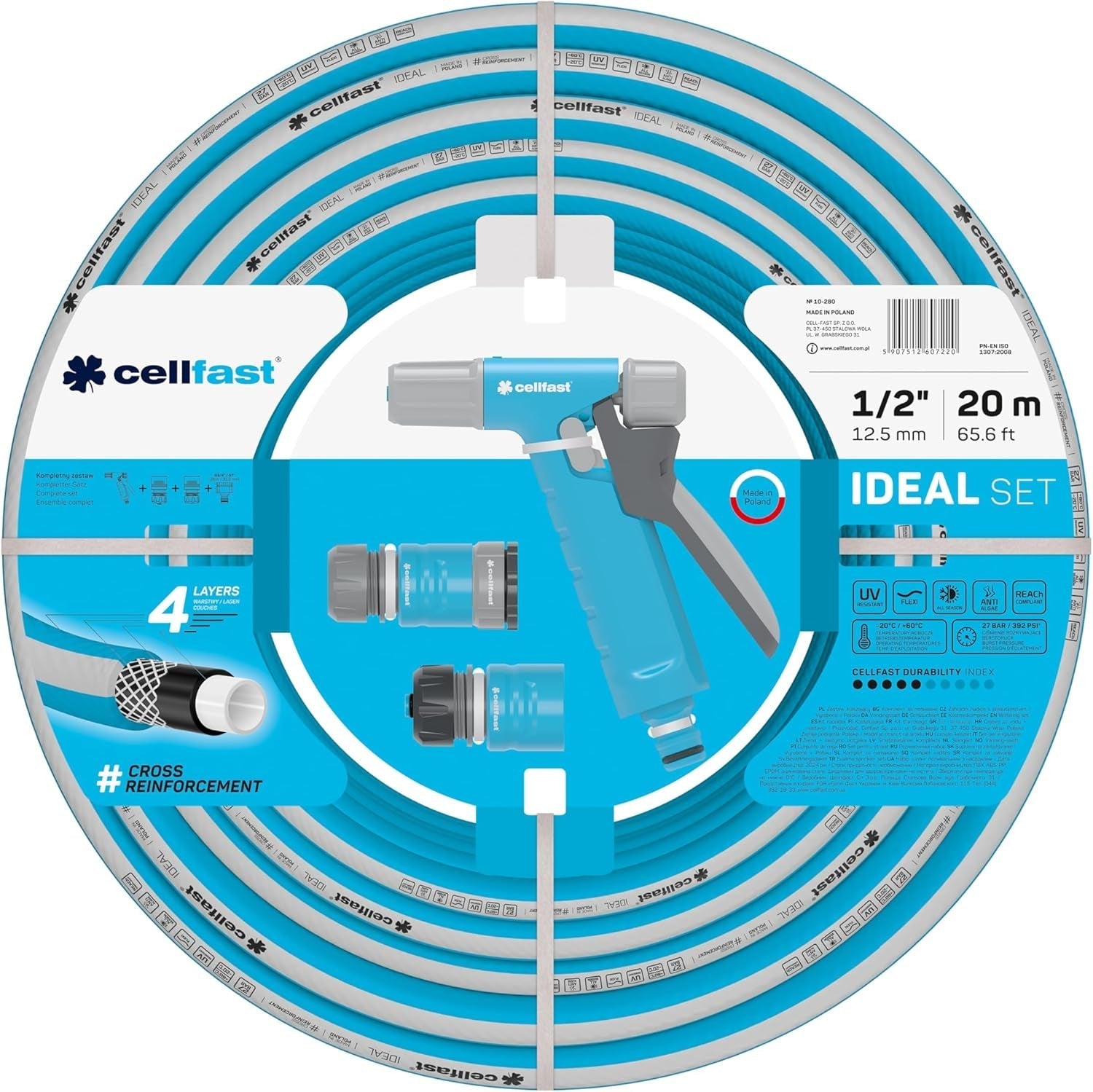 Cellfast Ideal juego de manguera de jardín, robusto, flexible, 4 capas, aspersor, resistente a los rayos UV y a las algas, tecnología Reach, 27 bar, -20/+60° a corto plazo, 1/2 pulgada, 20 m