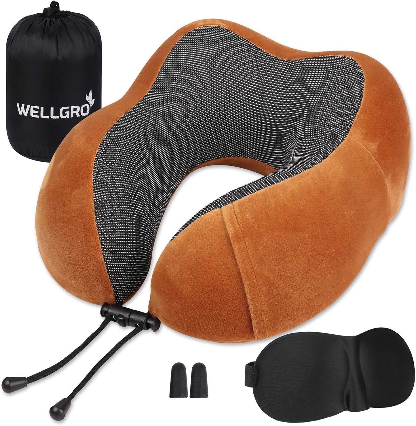 WELLGRO Juego de almohadas cervicales con antifaz para dormir 3D y tapones para los oídos - Funda extraíble - Espuma viscoelástica - Cierre de cremallera - Incluye bolsa de almacenamiento - Almohada de viaje - Color a elegir, color:gris Naty Shop Almohadas ortopédicas cervicales marrón