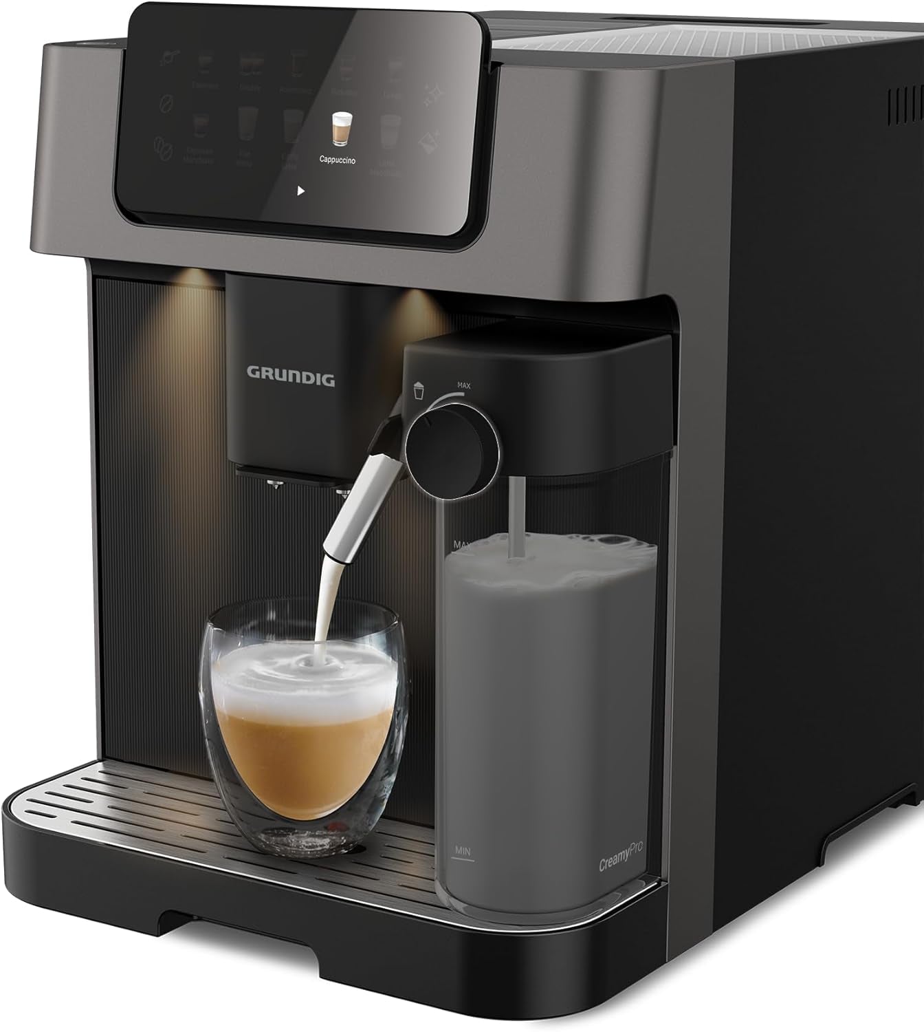 GRUNDIG KVA 6230 Cafetera espresso totalmente automática con espumador de leche, molinillo de acero inoxidable con 13 niveles de molienda, recipiente de granos de 250 g, depósito de agua extraíble de 2 litros, presión de la bomba 19 bar, pantalla táctil, negro