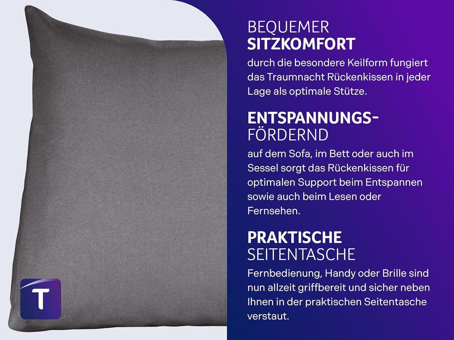 Almohada de lectura Traumnacht Cosy Back Cushion, 70 x 40 cm gris oscuro, funda desenfundable y lavable de 100% poliéster, práctico bolsillo lateral, certificado Öko-Tex, fabricado según los estándares de calidad alemanes