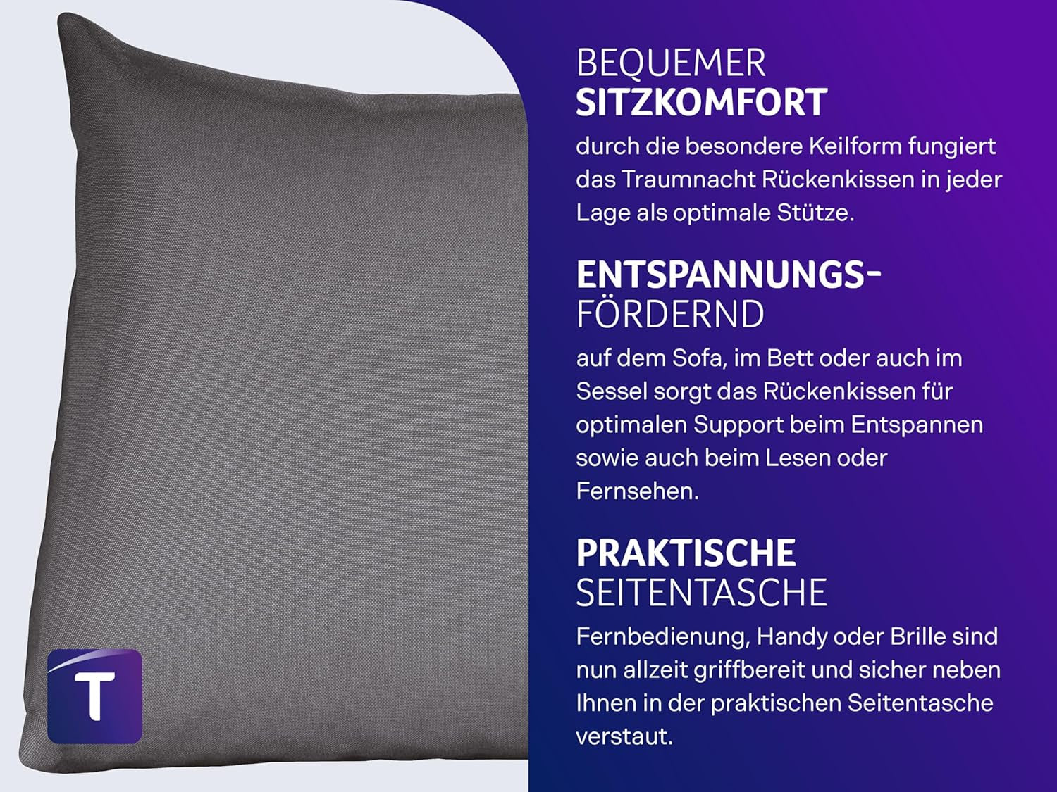 Almohada de lectura Traumnacht Cosy Back Cushion, 70 x 40 cm gris oscuro, funda desenfundable y lavable de 100% poliéster, práctico bolsillo lateral, certificado Öko-Tex, fabricado según los estándares de calidad alemanes